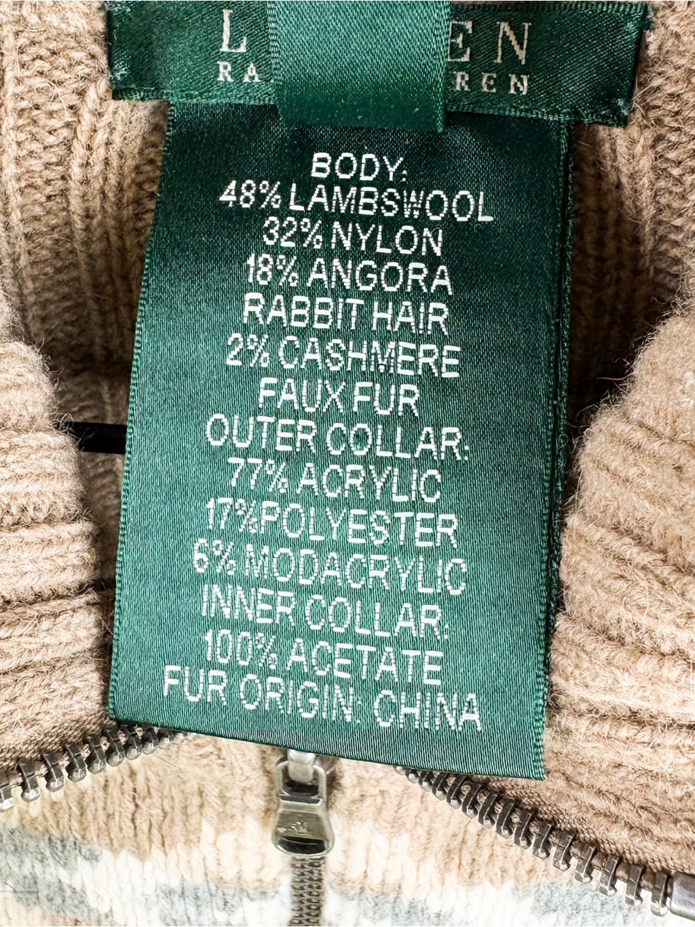 Ralph Lauren Vintage Fair Isle Fur Hooded Zip Cardigan Wool Angora Cashmere Tan - Picture 4 of 6